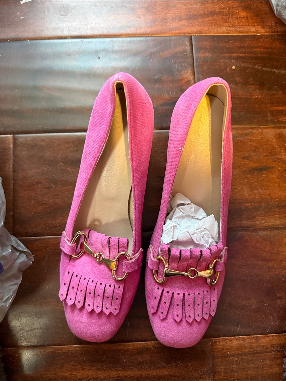 Women's Pink Suede Fringe Loafers with Gold Bit Detail